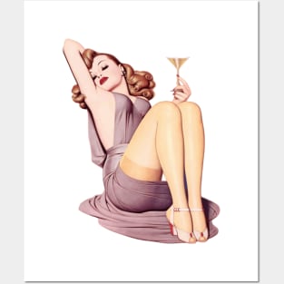 Pin-up girl drinking champagne Posters and Art